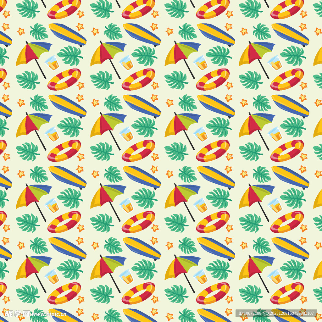 多彩遮阳伞与绿植图案背景