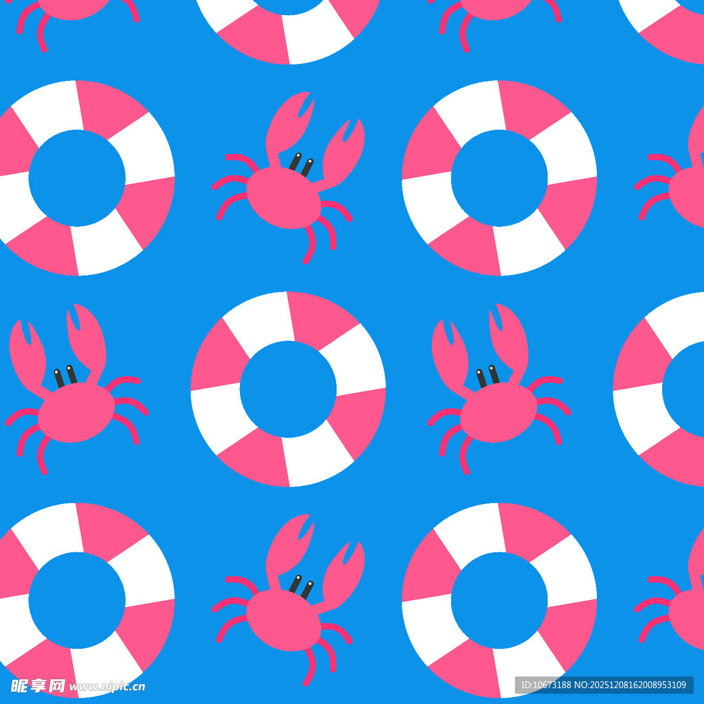 蓝色背景的螃蟹与救生圈图案