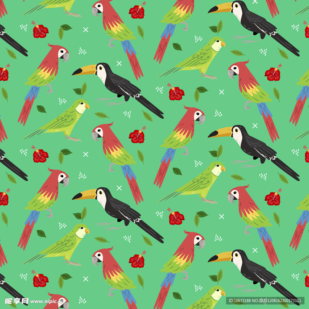 热带鹦鹉花卉绿色图案