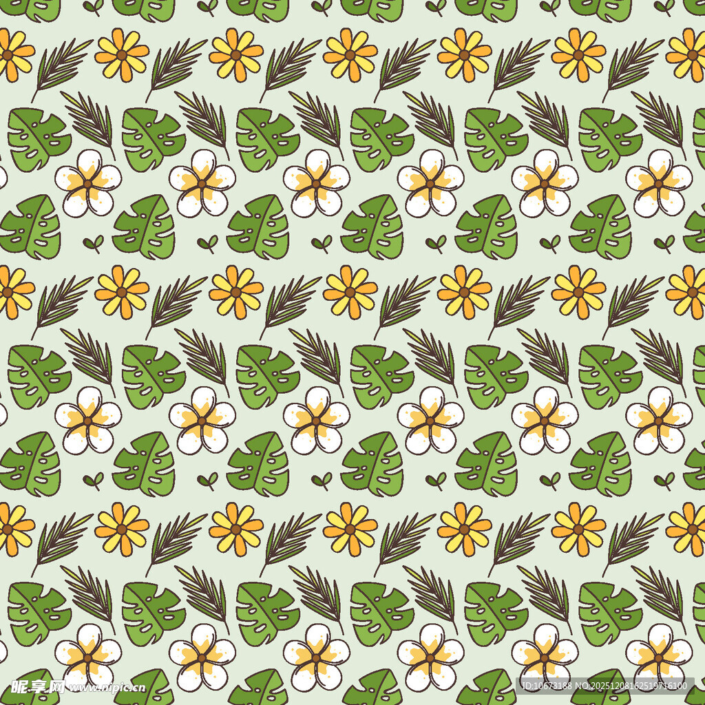 花卉绿叶无缝图案设计