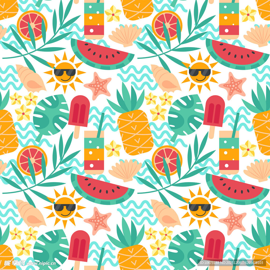 夏日水果与植物图案背景