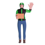 绿衣骑手持箱挥手示意