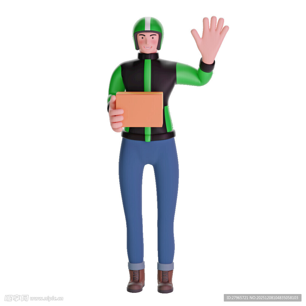 绿衣骑手持箱挥手示意