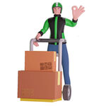 快递员推着货物打招呼