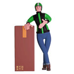 快递员靠立包裹竖大拇指