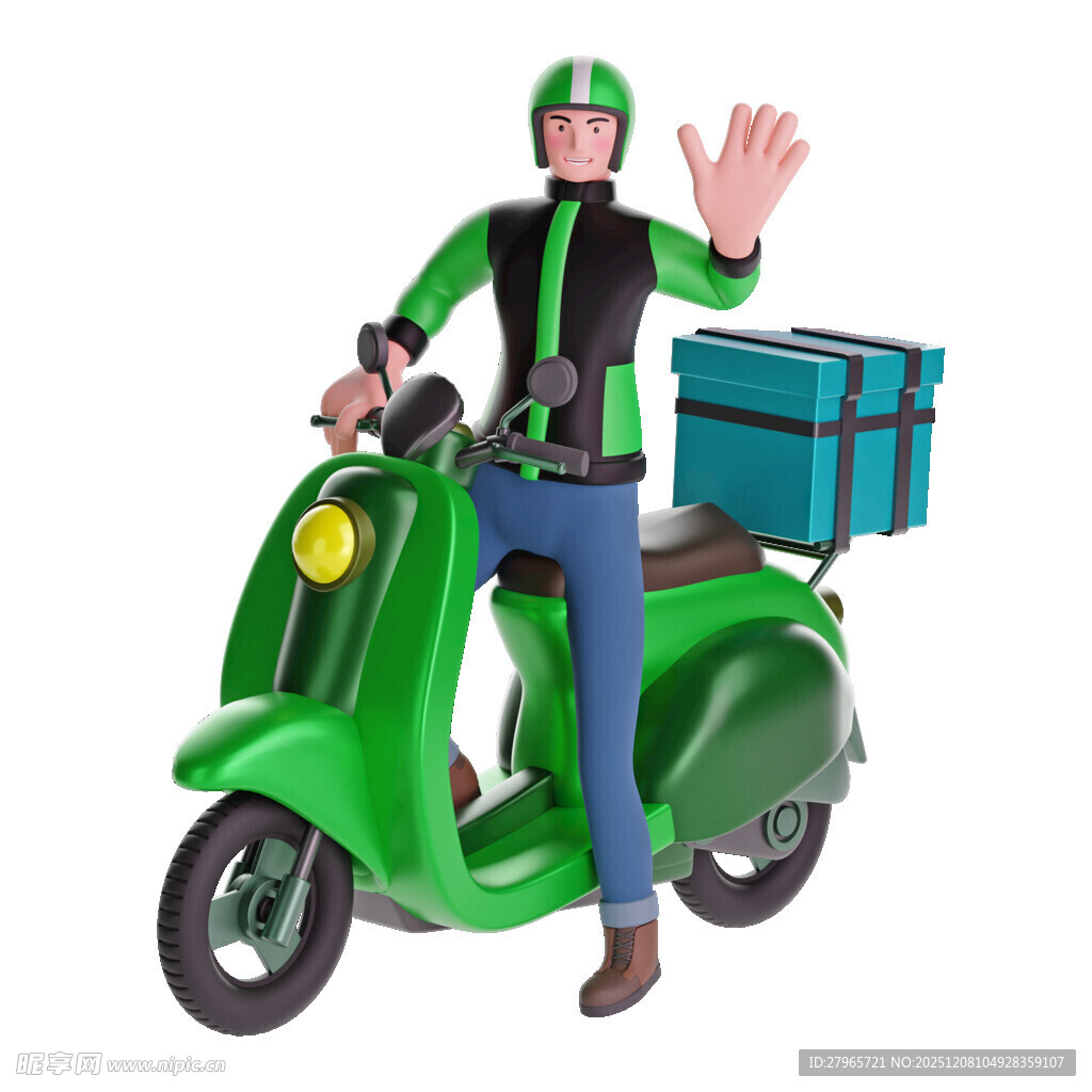 绿色摩托外卖员挥手示意