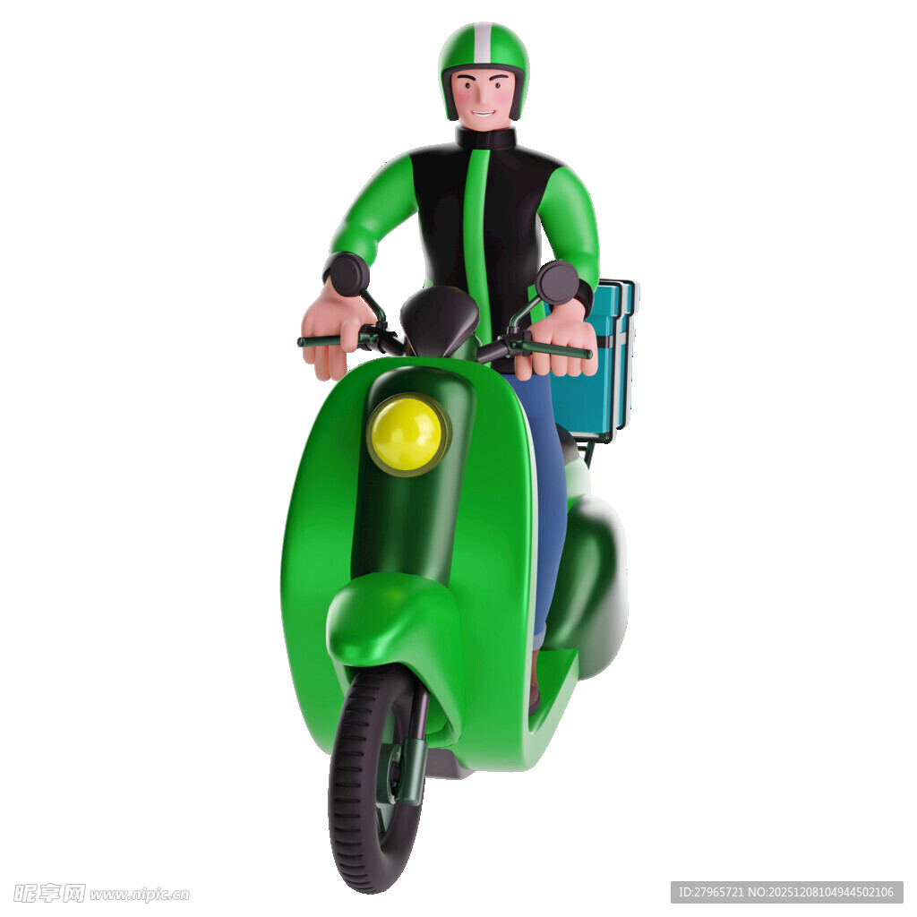 绿色骑手骑电动车送货