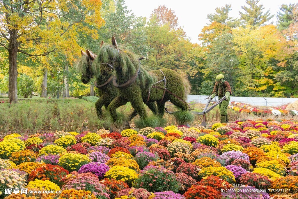 秋日花海中的青铜马雕塑