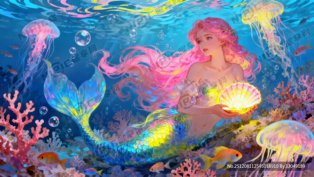 洛可可风格梦幻海底手绘插画荧光