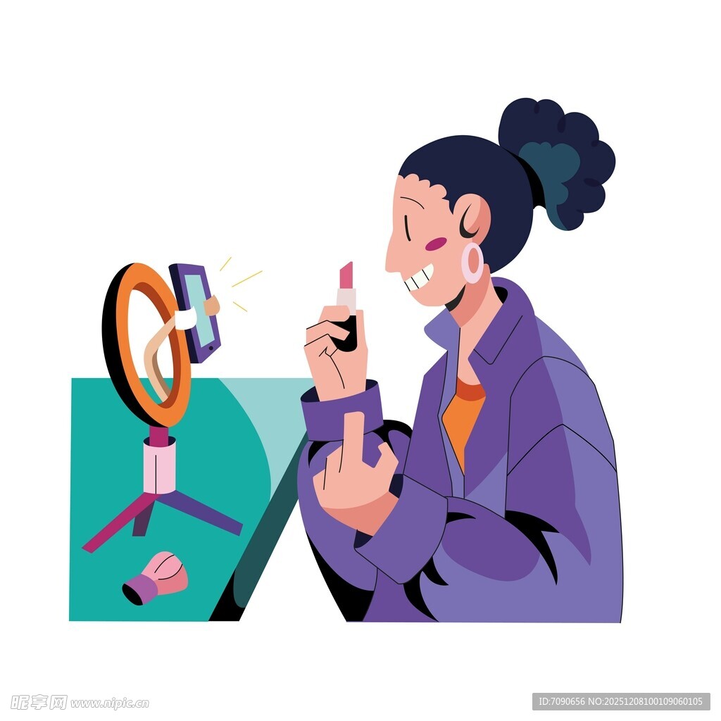 女士对镜专注化妆瞬间