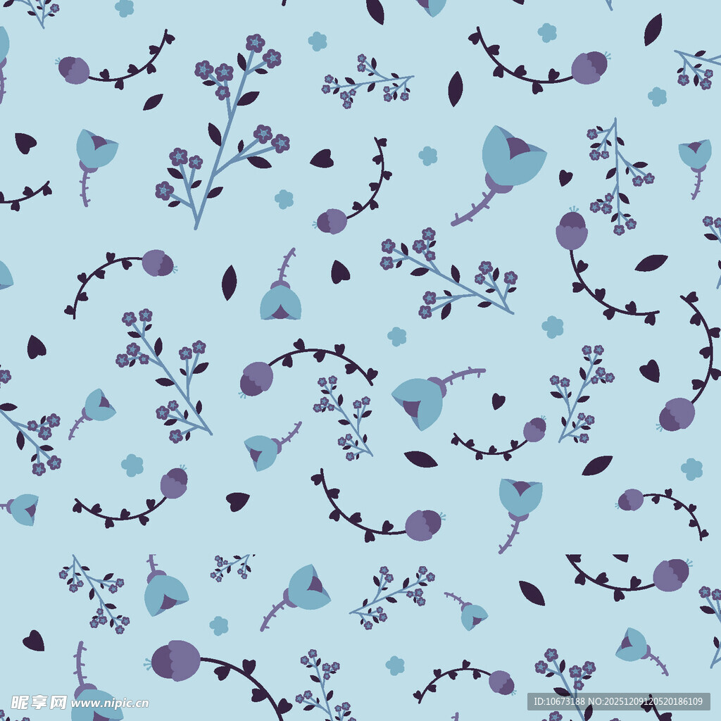 淡蓝底花卉枝叶图案