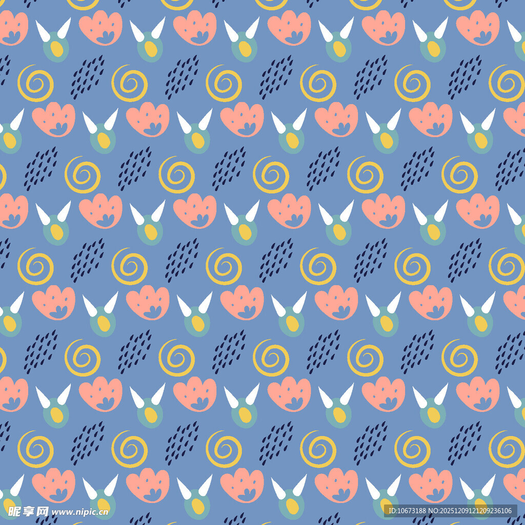 蓝色底多彩花卉图案