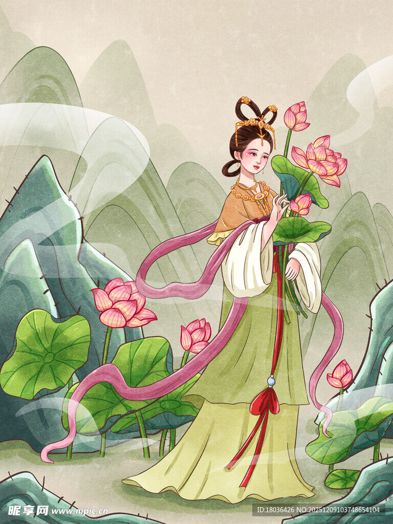 古典仙女持花于山水间