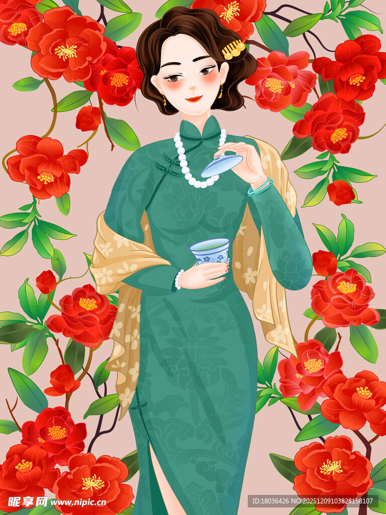 身着旗袍的优雅女子赏花