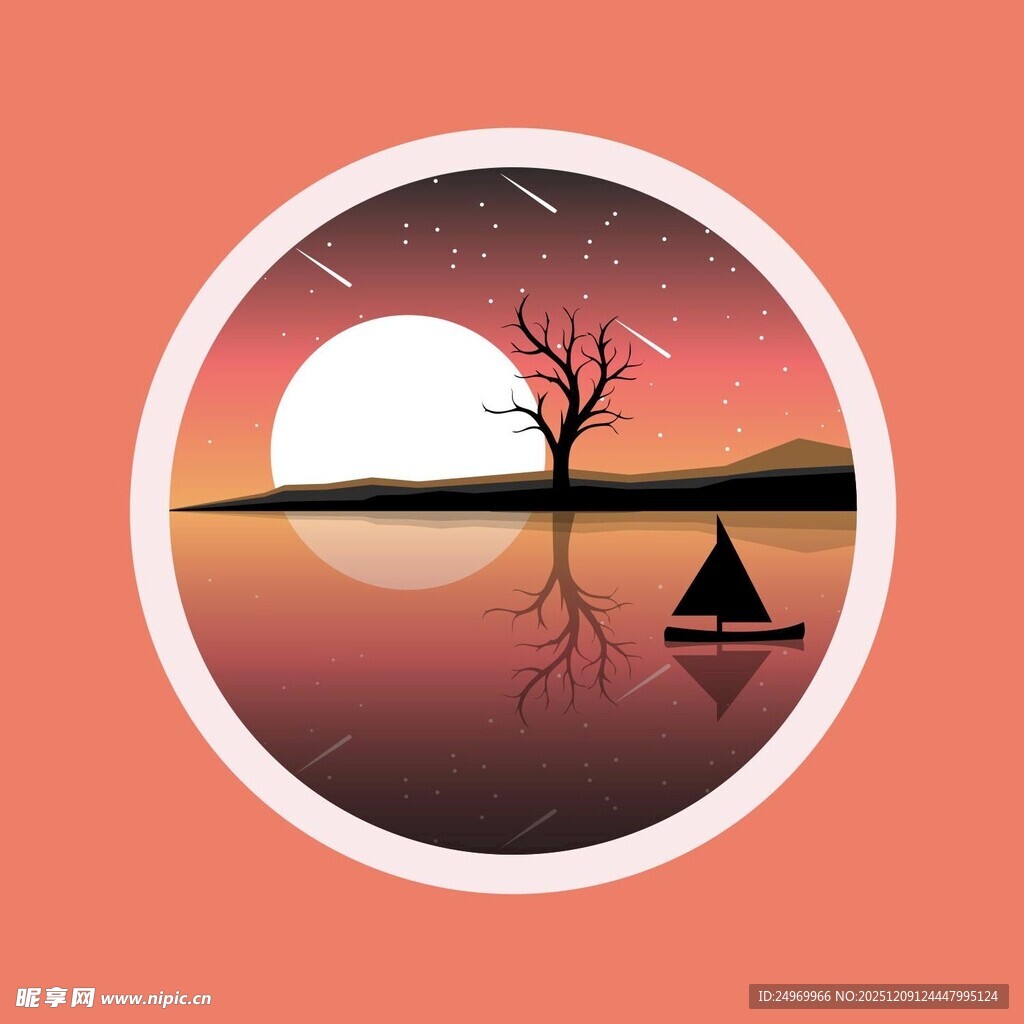 夕阳孤树小船静谧景象