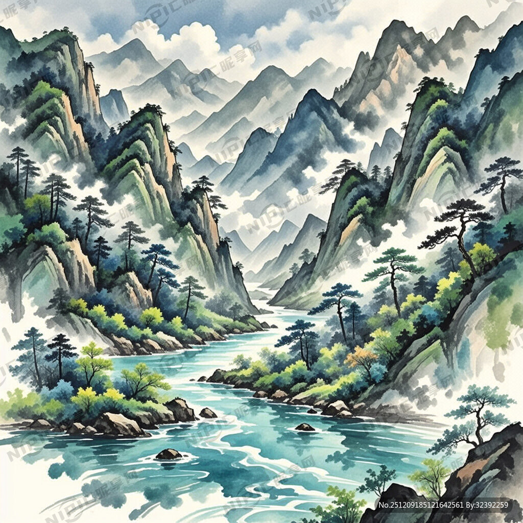 山谷 中国风 中国画 山水