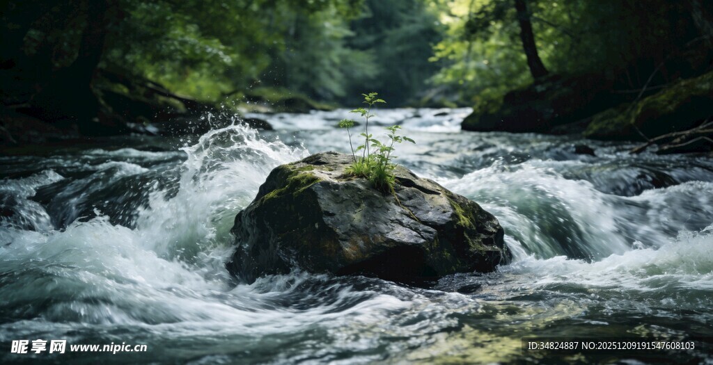 山间溪流湍急的石头景观