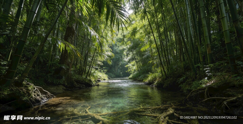 清幽竹林间的潺潺溪流