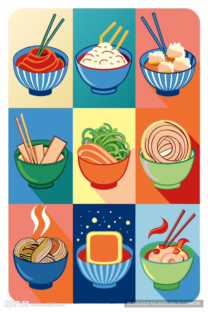 多彩亚洲风味美食插画