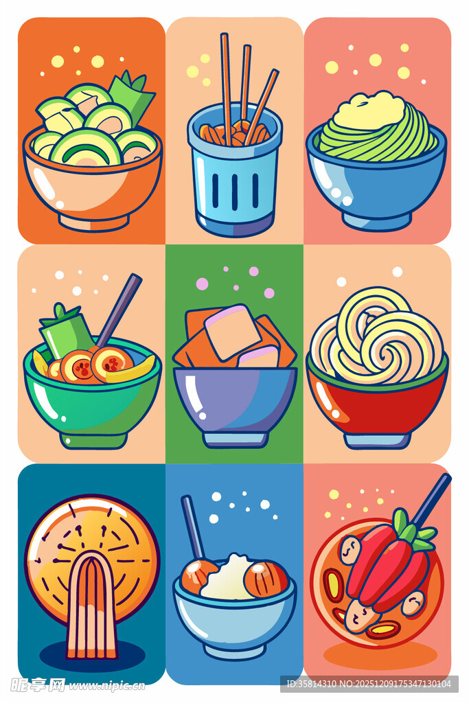 多彩亚洲美食图标集合