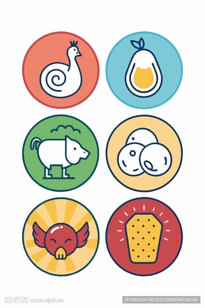 多彩动物与食物图标集合