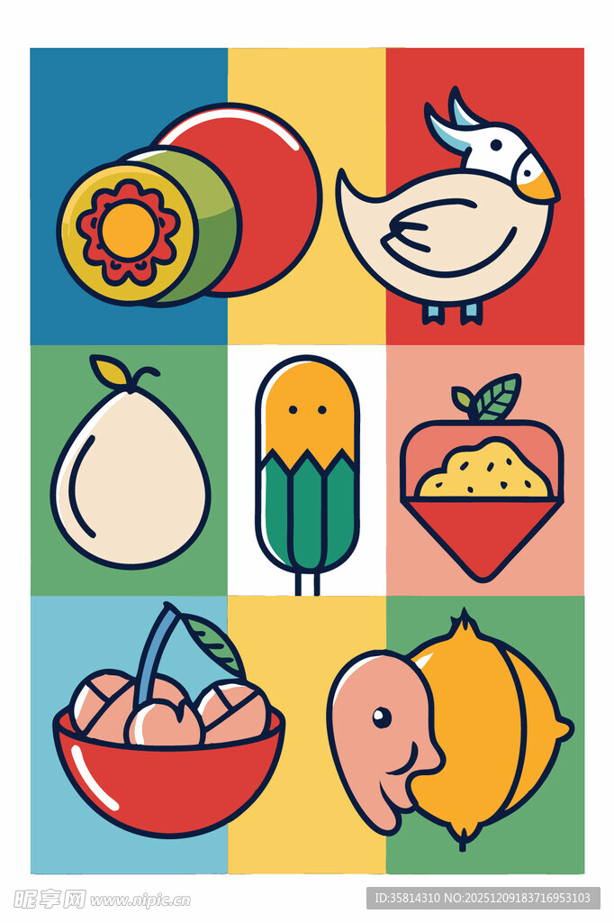 多彩水果与禽类图案集合