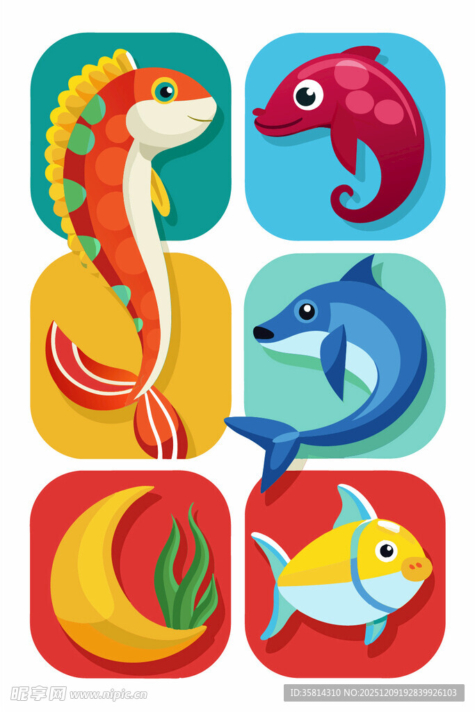 海洋生物卡通图标集合
