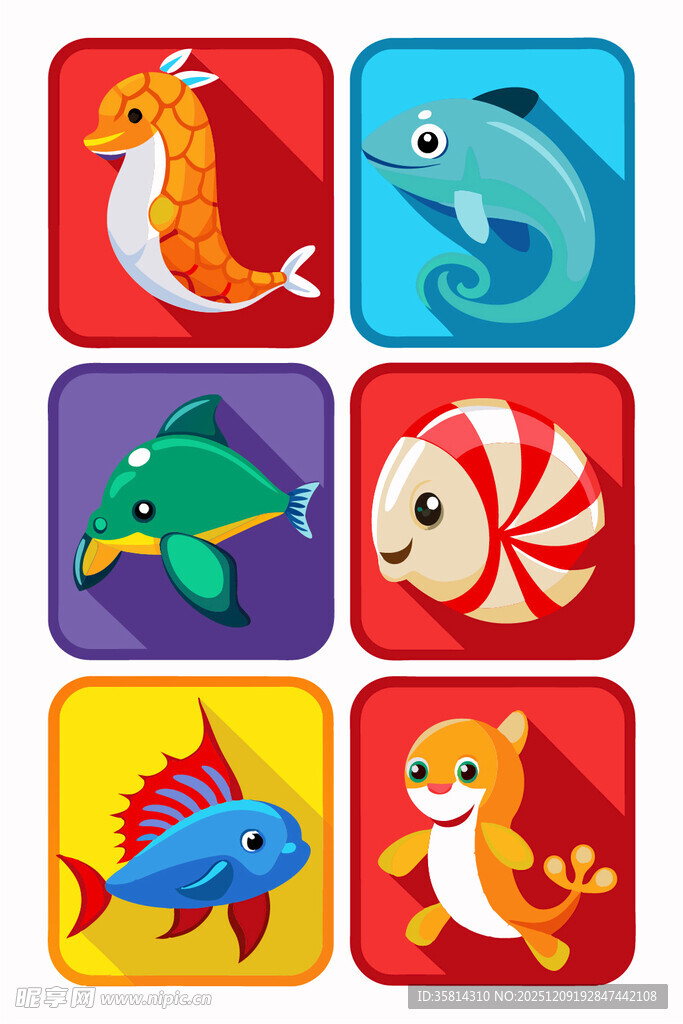 海洋动物卡通图标集合