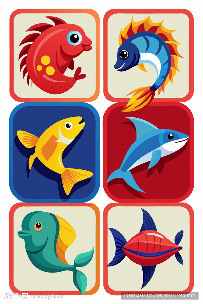 多彩卡通鱼类图标集合