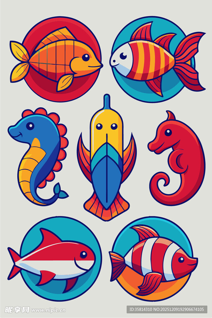 海洋生物卡通图标集合