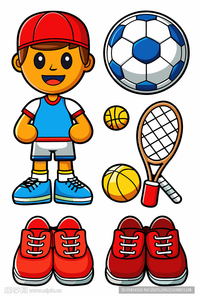 运动男孩与多样体育用品