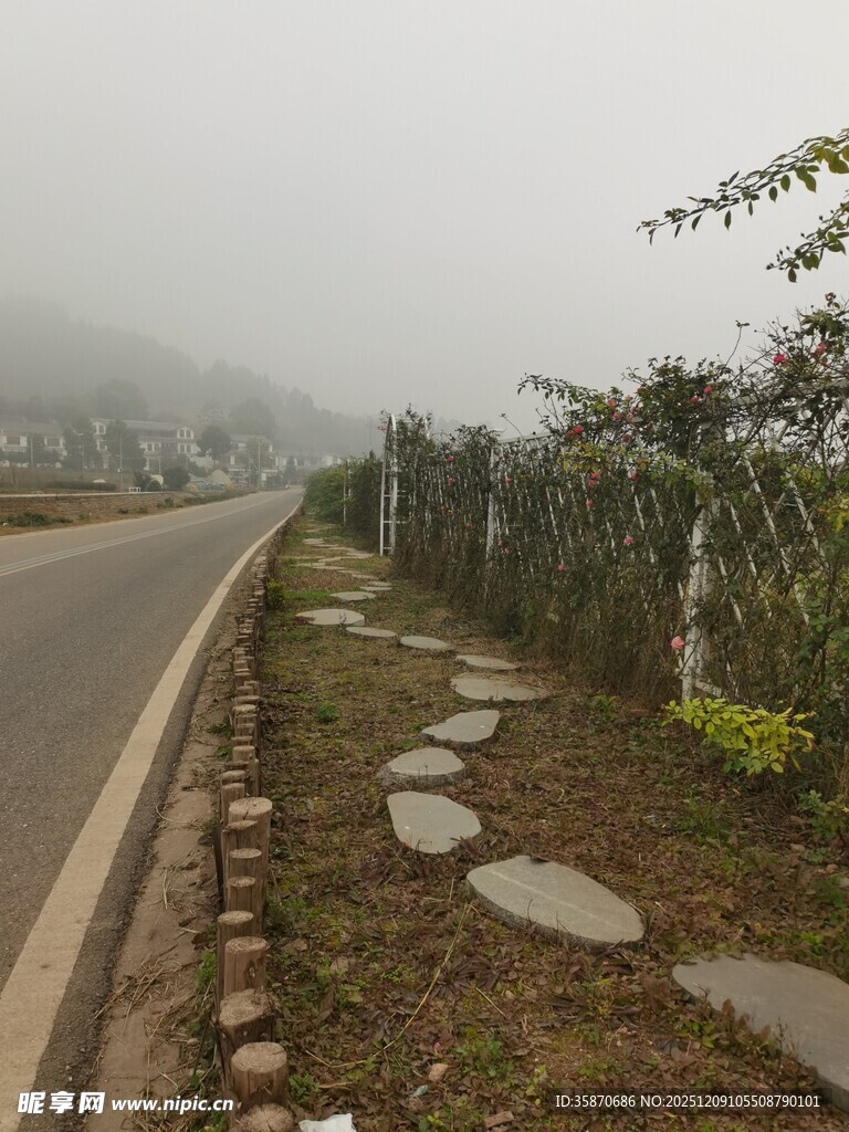 雾中乡间小路与石板小径