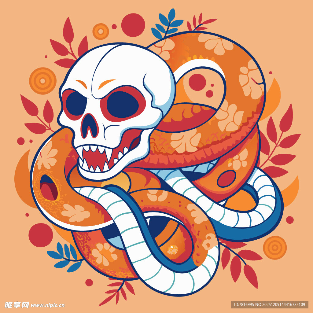 骷髅缠绕蛇的奇幻插画