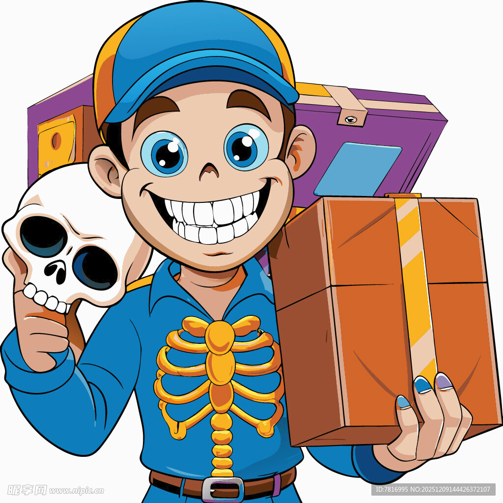 骷髅快递员手持包裹与头骨