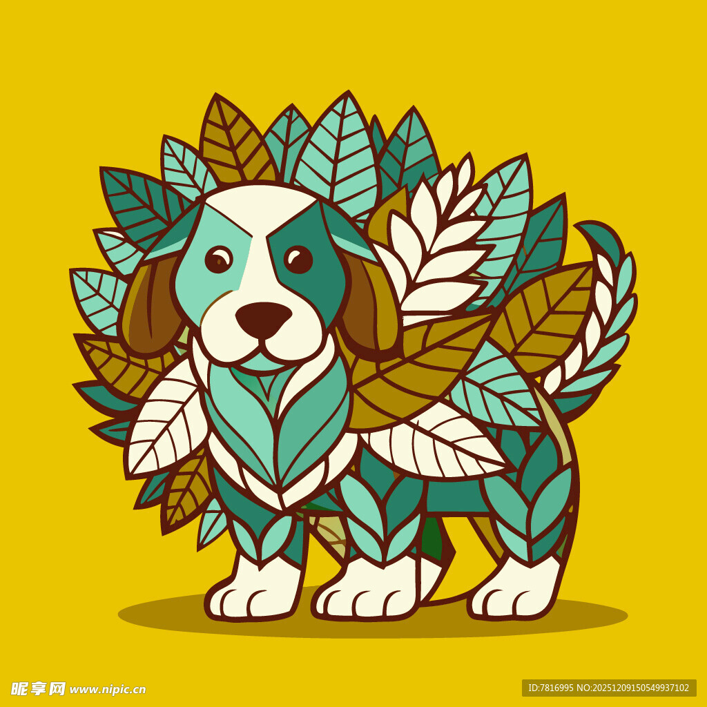 叶子装饰的可爱卡通小狗