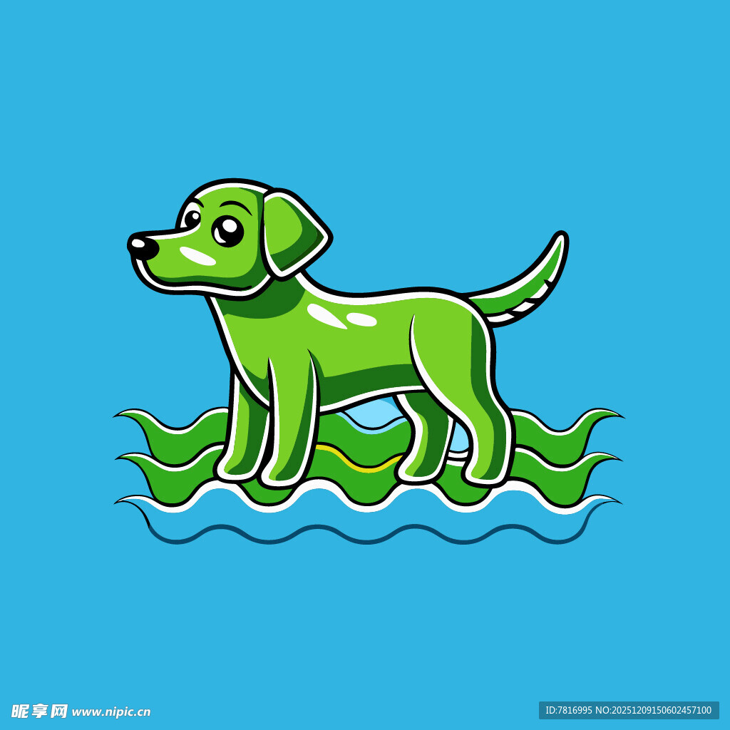 绿色小狗站在水波绿叶上