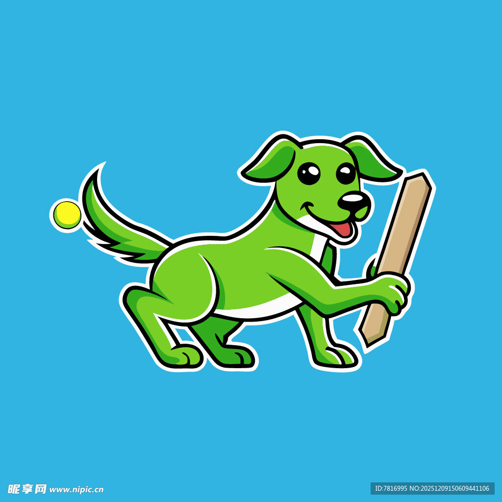 绿色小狗持棒玩球