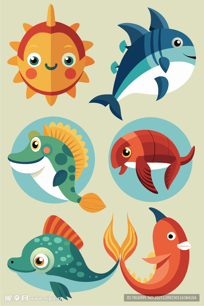 可爱海洋生物卡通插画