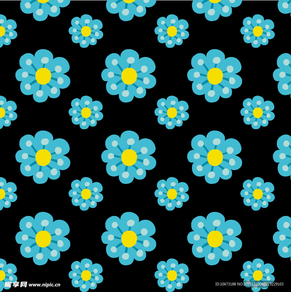 蓝色小花黑色背景图案