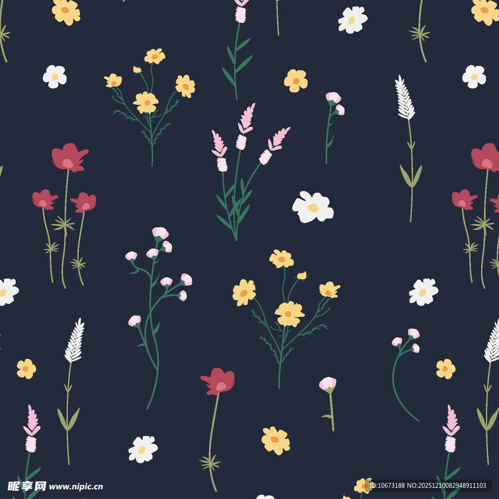 深蓝色底小清新花卉图案