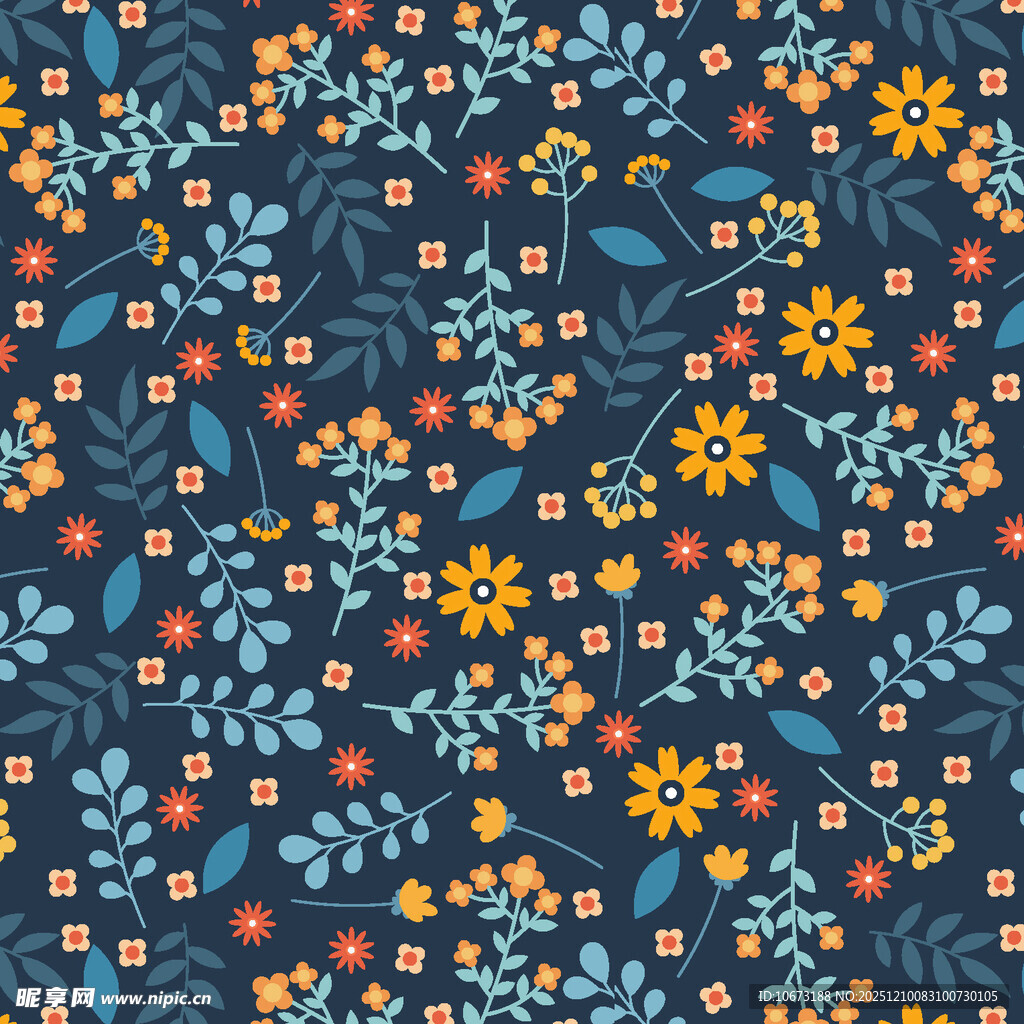 深蓝色底多彩花卉图案
