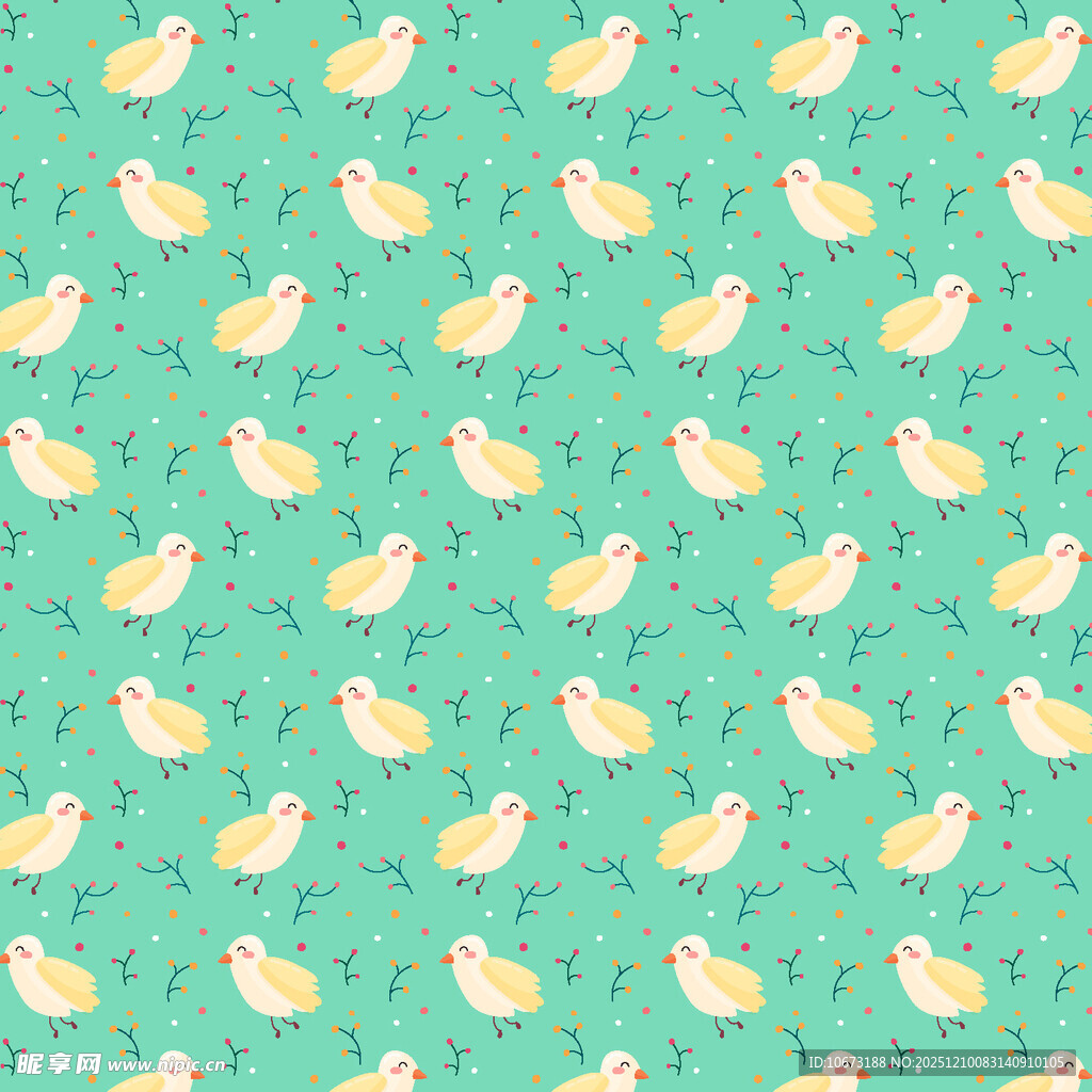 清新绿底小黄鸭无缝图案