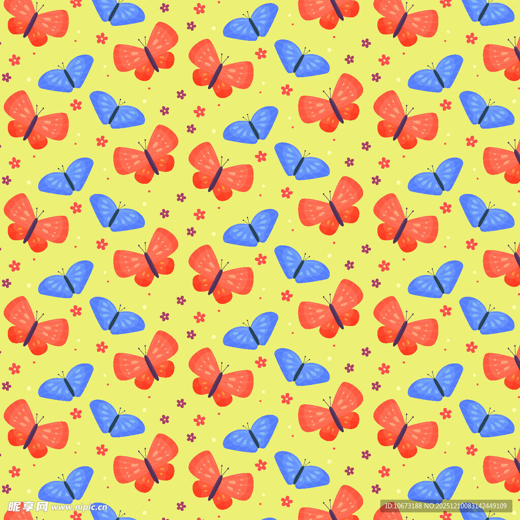 黄底红蓝蝴蝶图案背景