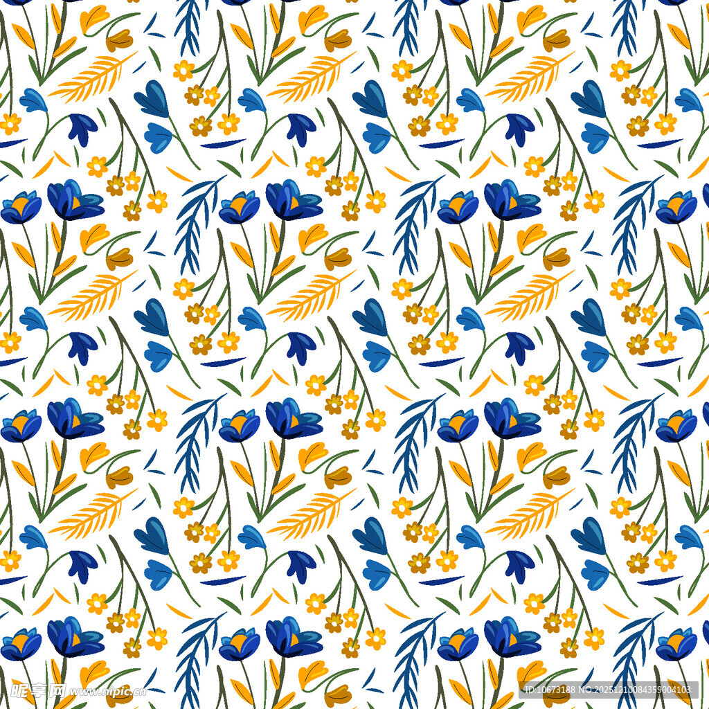 蓝黄花卉图案无缝背景