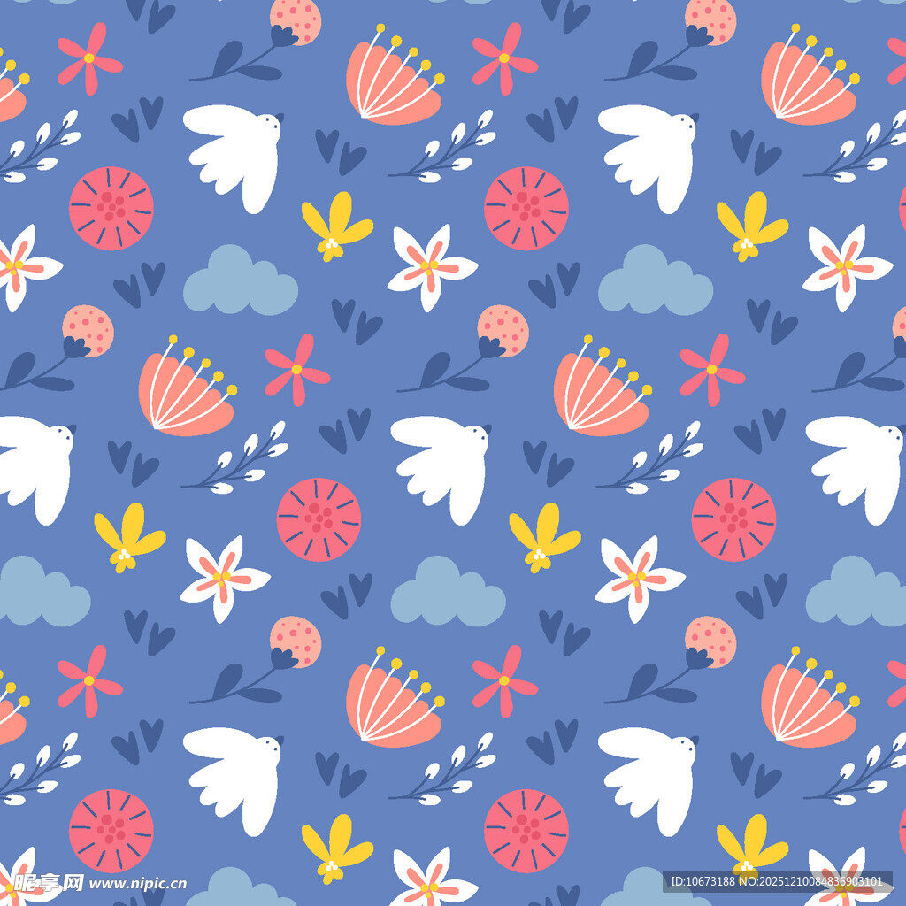 蓝色花卉飞鸟图案背景