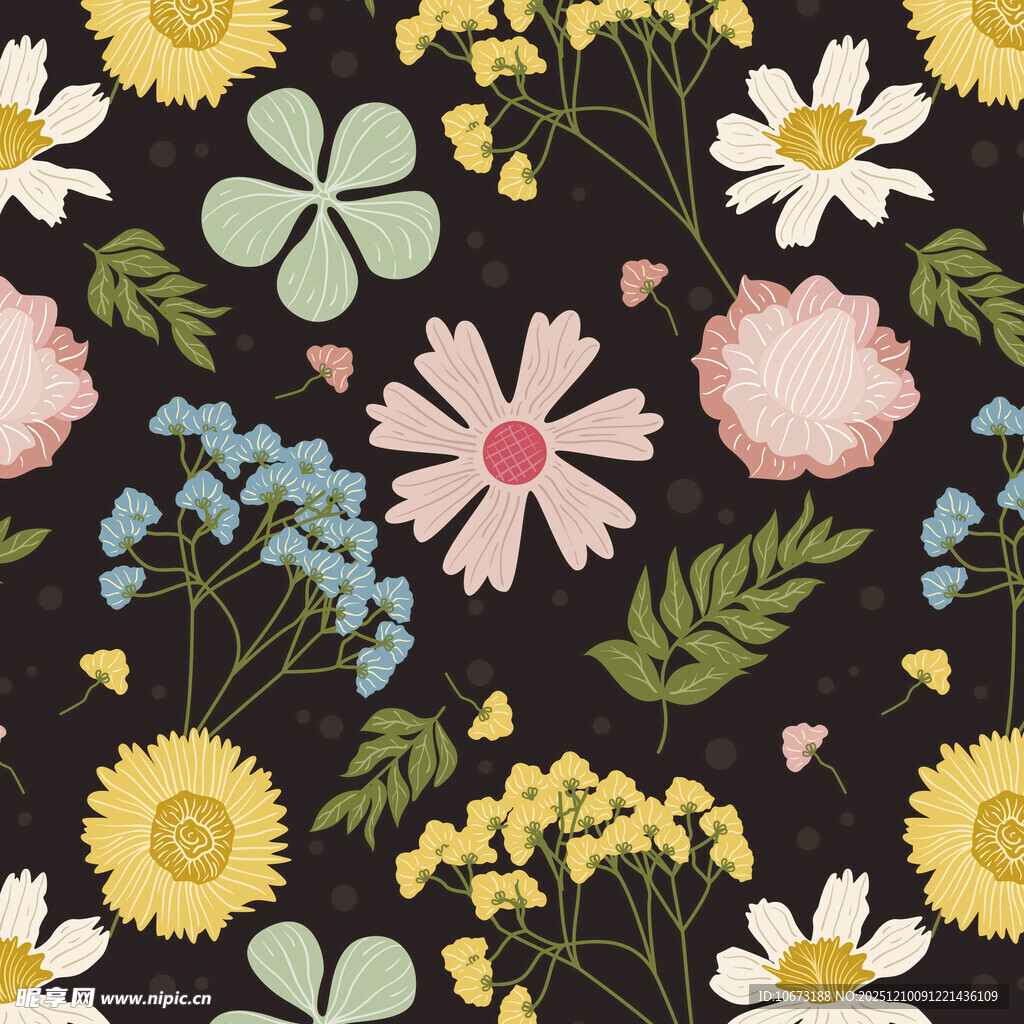 黑色背景缤纷花卉图案