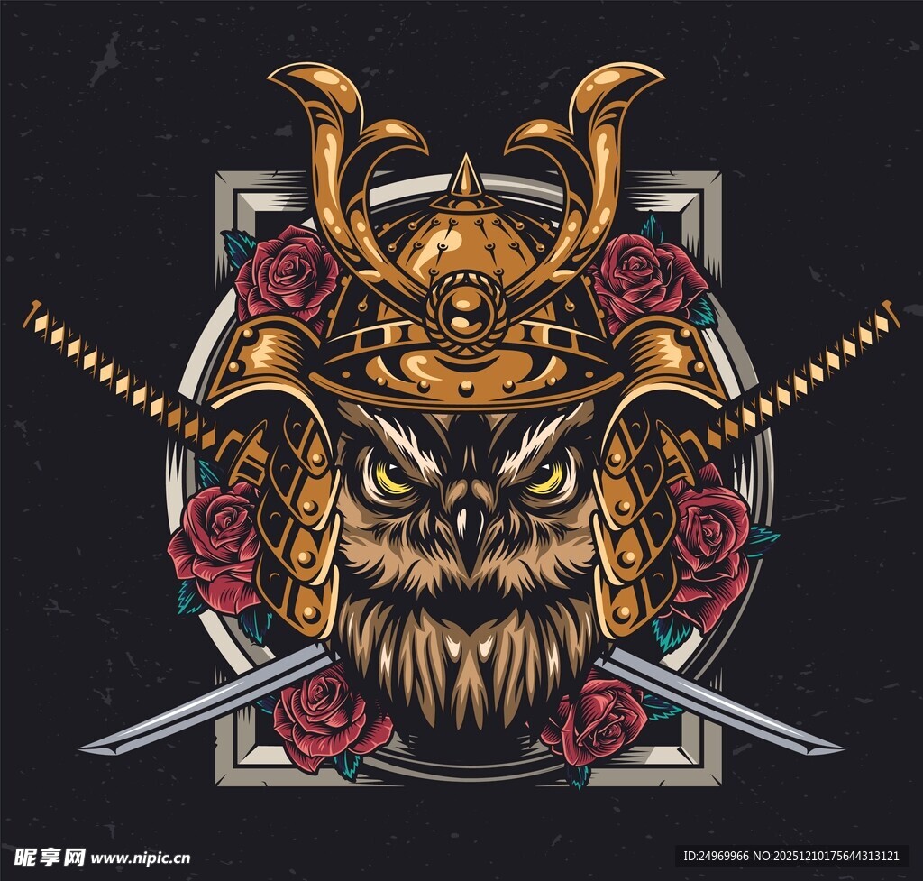 武士头盔与玫瑰装饰图案