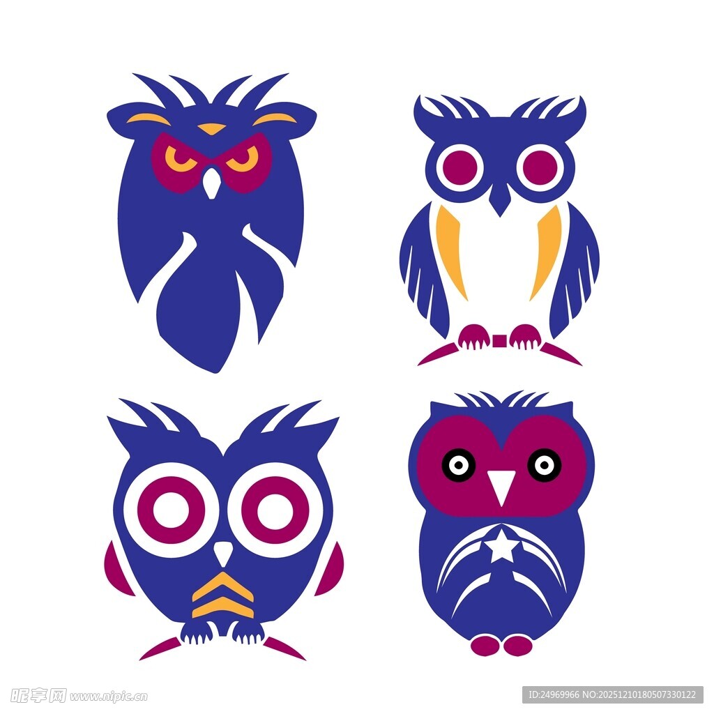 四只风格独特的猫头鹰图案