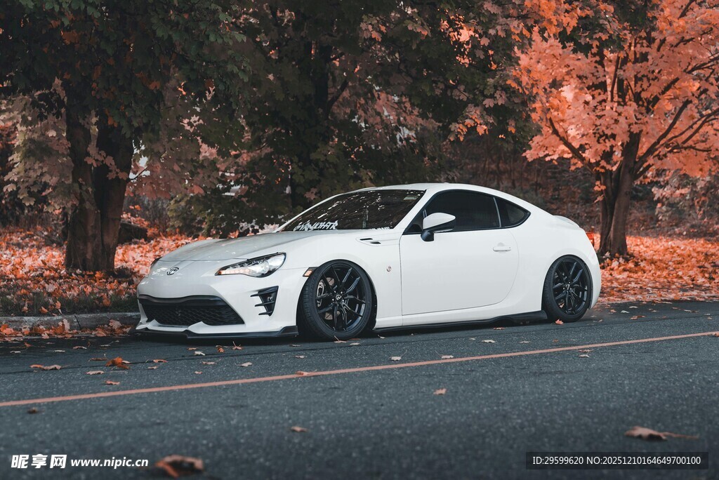 白色跑车停在秋日风景中
