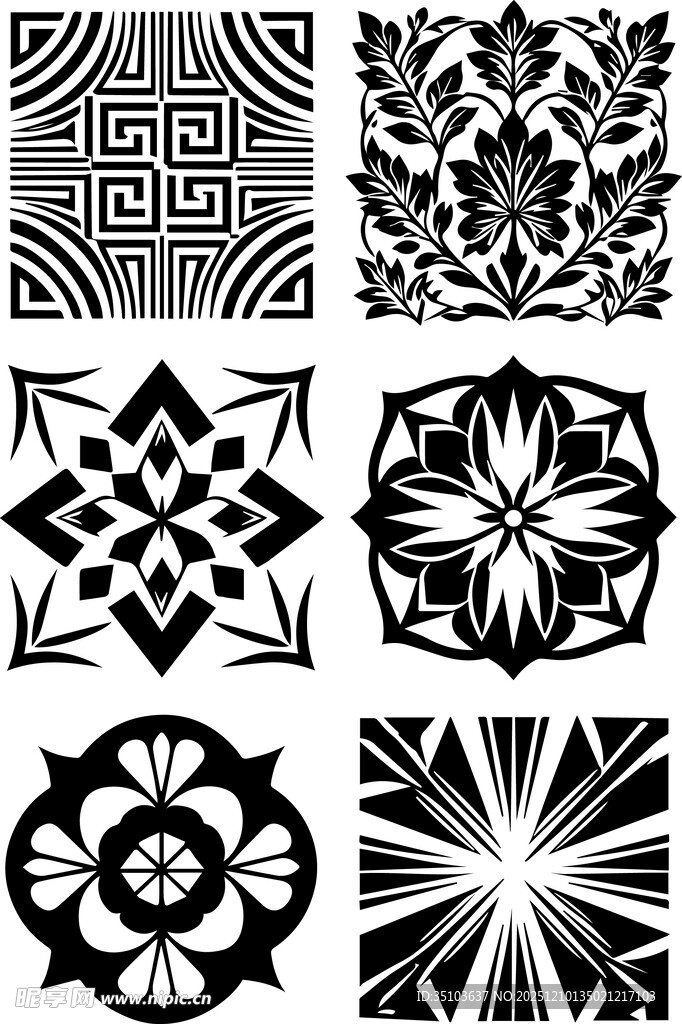黑白几何花卉装饰图案